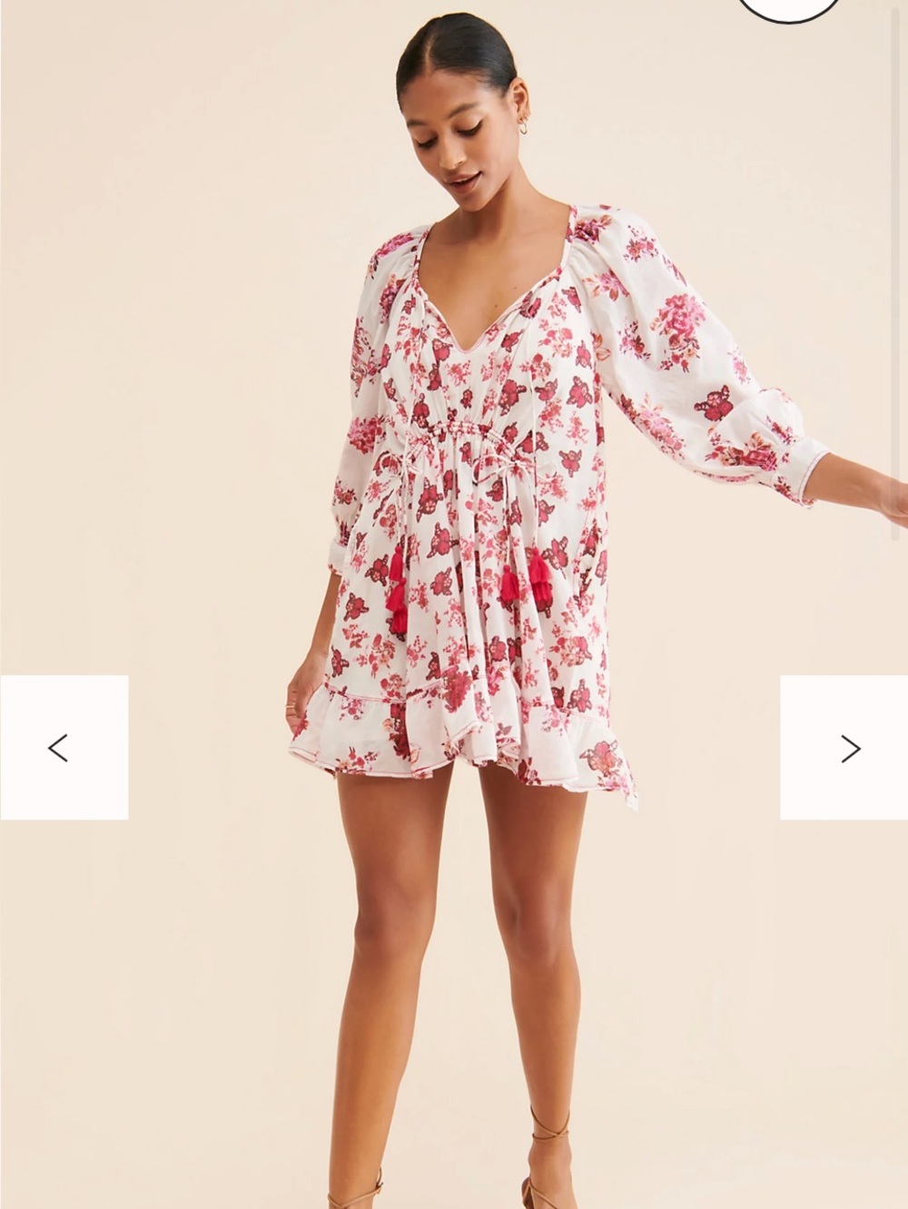 Free People White Floral Babydoll Mini Dress with Pink Print
